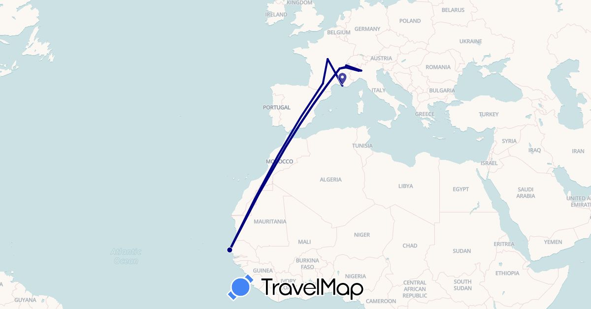 TravelMap itinerary: driving in Switzerland, France, Italy, Senegal (Africa, Europe)